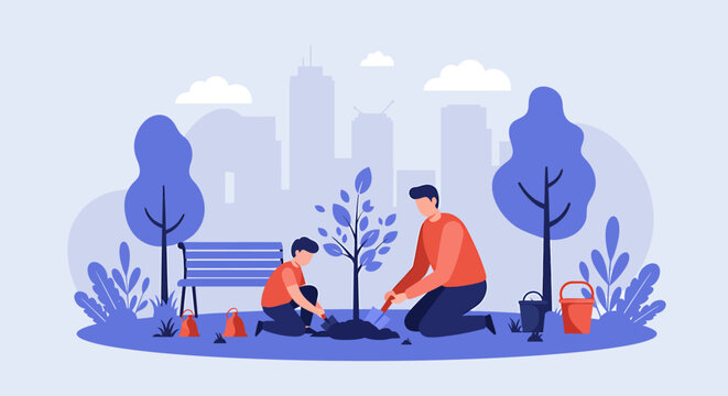 Father and son planting a tree in a city park, symbolizing environmental care. - Powered by Adobe