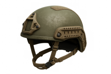 Modern military helmet isolated on transparent background, showing combat readiness