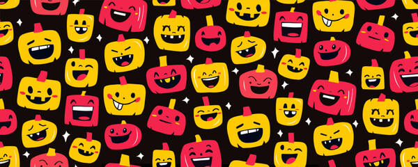Seamless Halloween Pattern with Cute Pumpkin Faces Flat Style for Kids