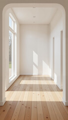 Bright, airy empty room with wooden floor and large windows casting shadows, minimalistic interior design concept, home decor and real estate