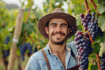 Portrait of a happy young farmer man on the background of grape plantation.