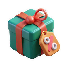 3d teal gift box with red ribbon and percentage discount tag isolated on transparent background