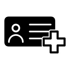 icon of an identification card with a plus sign, symbolizing new user registration, account creation, or adding a member. Flat minimal style.