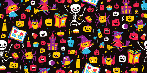 Cute Halloween Seamless Pattern with Witch, Pumpkin, Bat and Skeleton Kids Doodle Style