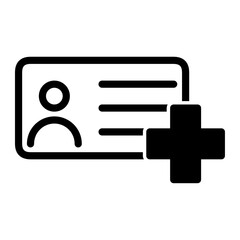 icon of an identification card with a plus sign, symbolizing new user registration, account creation, or adding a member. Flat minimal style.