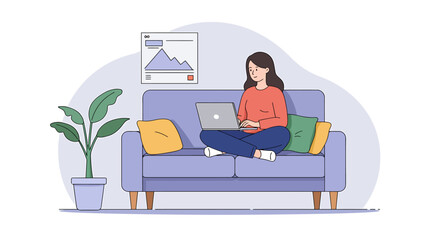 Fototapeta premium Woman Working from Home on Laptop, Comfortable Remote Work Setup, Cozy Home Office Scene