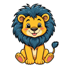 Obraz premium Cartoon lion character sitting and smiling with blue mane 