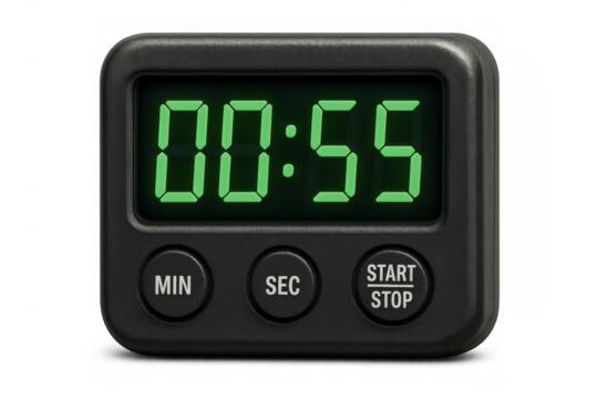 Digital timer showing 00:55 on transparent background