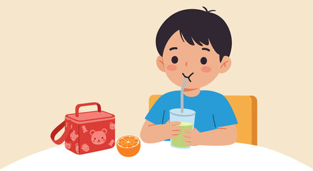 Adorable Boy Enjoying Healthy Snack and Juice Back to School Lunchbox Illustration