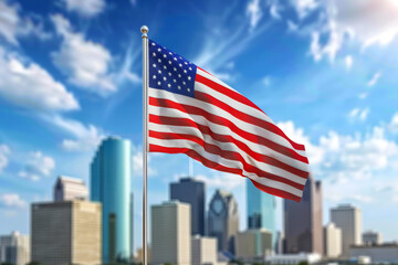 The USA flag on the background of Houston, Texas state