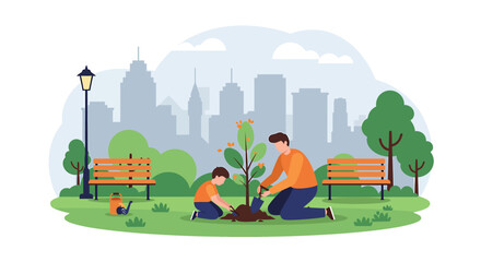 Father and Son Planting a Tree Together in a City Park A Symbol of Environmental Conservation and Family Bonding