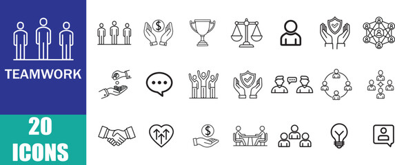 Set of 20 Teamwork Icons, Outline Vector Collection with Editable Stroke  Line Vector on White Background