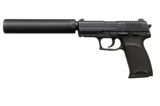 Modern handgun with silencer on transparent background