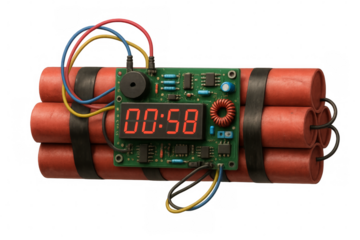Time bomb ticking with electronic timer and wires on transparent background