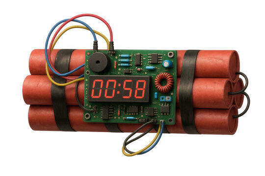 Time bomb ticking with electronic timer and wires on transparent background - Powered by Adobe