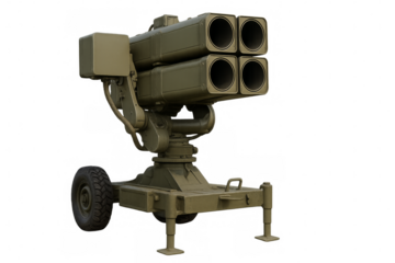 Mobile rocket launcher pointing missiles upward on transparent background