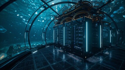 A futuristic underwater data center housed in a transparent dome surrounded by marine life, including jellyfish and aquatic plants. 