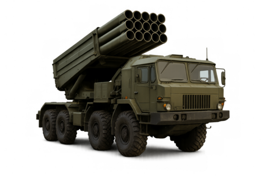 Powerful military rocket launcher truck on transparent background