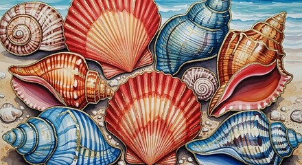 Seashells Beach Watercolor Painting: A Colorful Collection of Ocean Treasures