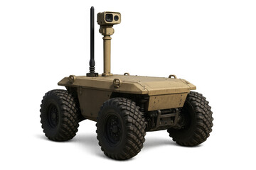Military robot standing with antenna and camera on transparent background