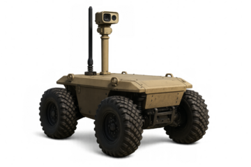 Military robot standing with antenna and camera on transparent background
