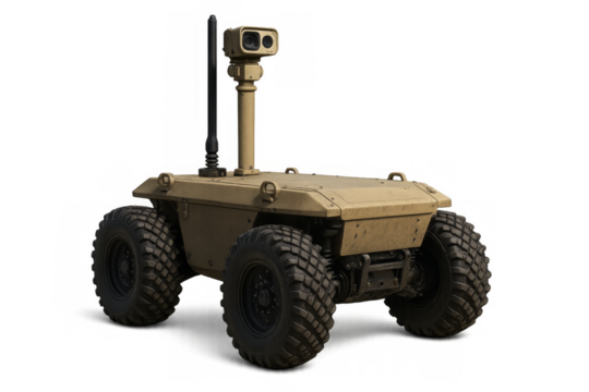 Military robot standing with antenna and camera on transparent background