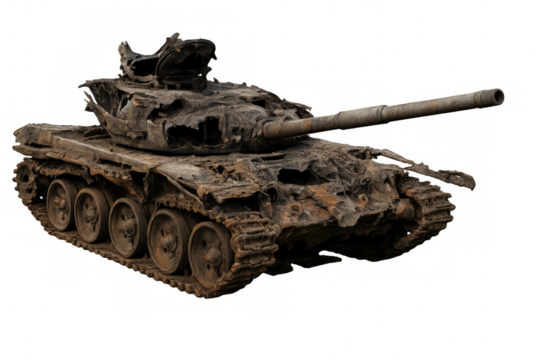 Destroyed tank showing scars of war on transparent background