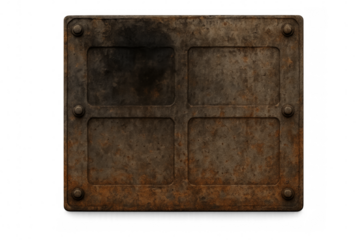 Rusty metal plate with four sections and rivets on transparent background