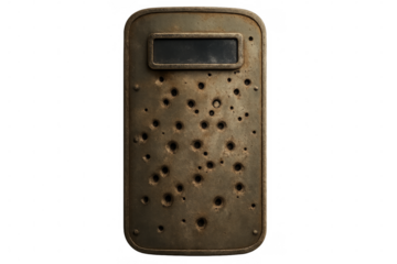 Old metal riot shield showing multiple bullet holes on transparent background