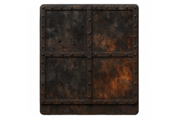 Rusty metal plate with rivets on transparent background