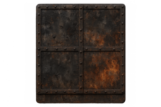 Rusty metal plate with rivets on transparent background