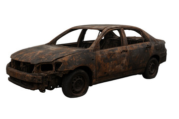 Burned car wreck with transparent background exhibiting extensive fire and heat damage
