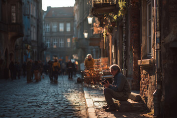Capturing timeless moments in a historic street at dusk
