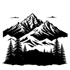 Fototapeta premium Snow-covered mountain peaks and conifer trees in black silhouette