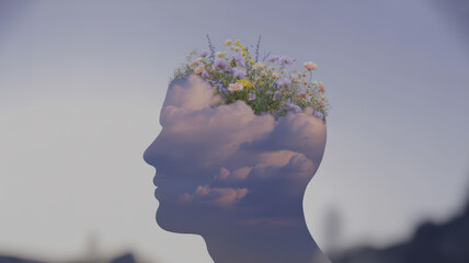 Abstract human head silhouette with sky, clouds, and blooming flowers symbolizing mental well-being and growth.
