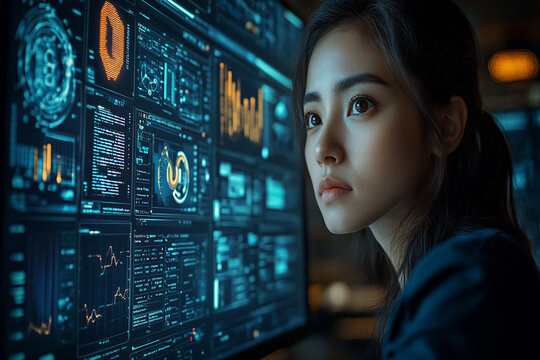 A close-up of an AI-generated businesswoman looking at futuristic data dashboards in a digital tech environment. Perfect for themes of analytics, cybersecurity, and innovation. - Powered by Adobe