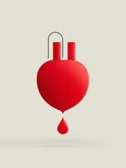 A simple and impactful minimalist illustration of a red heart shape with an attached "plug" or handle element, from which a single red blood drop falls.