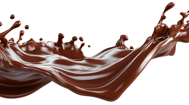 Dynamic liquid chocolate splash isolated on white background showing movement and delicious texture, a sweet dessert concept