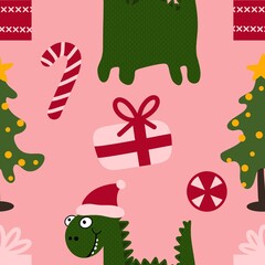 Christmas tree seamless dragon and gift box and balls and penguin pattern for wrapping paper and fabrics