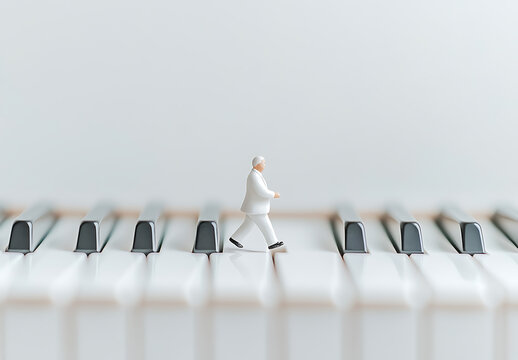 Miniature figure walks across piano keys, a metaphor for navigating life's ups and downs, finding harmony in rhythm.