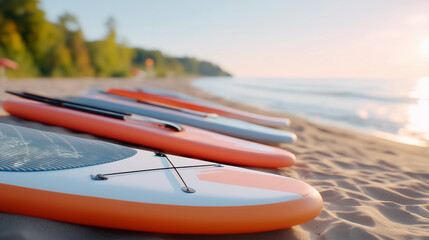 Colorful stand-up paddleboards lying on the sandy beach at sunrise, recreational concept of water sports rental or tourism
