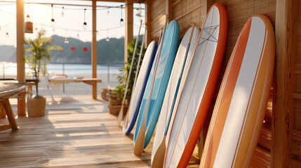 Colorful surfboards lined up against a bright beachside backdrop, showcasing summer vibes and adventure, concept of gear rental or water sports