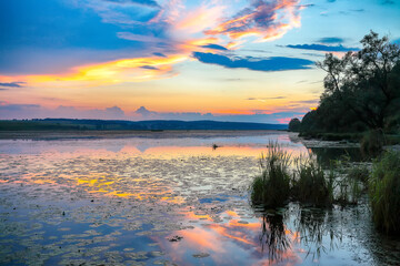Obraz premium Dramatic sunset over the lake.Water lilies on the lake.