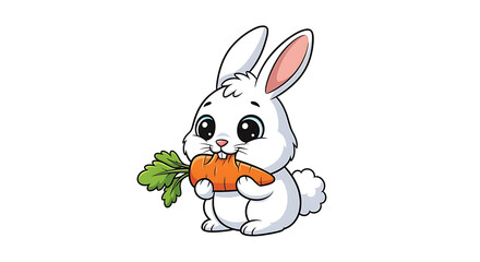 Obraz premium A cartoon white rabbit with big eyes holding and eating a bright orange carrot on a black background on transparent background