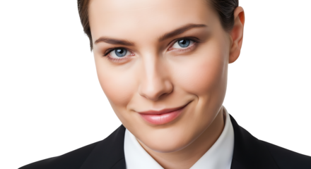 Portrait of a woman with blue eyes wearing a black suit and white shirt smiling slightly at the camera on transparent background