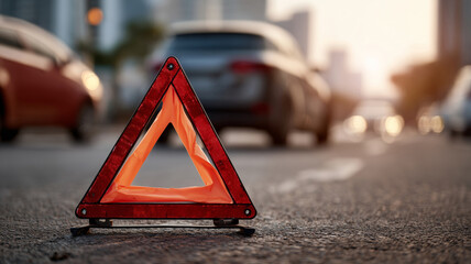 Warning triangle awaiting assistance for broken car under clear sun