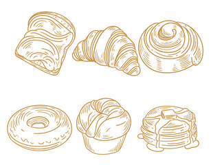 Set of hand-drawn illustrations of bakery bread, a croissant, a pancake, a pancake, a donut, and a cinnamon roll. Original bakery or cafe drawings.