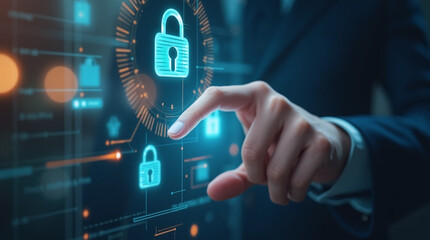 close-up hand touching floating lock icon on holographic interface, futuristic cyber touch screen, bokeh lights in background