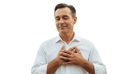 A man in a white shirt with his hands on his chest and eyes closed in a gesture of gratitude or peace on transparent background