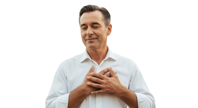 A man in a white shirt with his hands on his chest and eyes closed in a gesture of gratitude or peace on transparent background